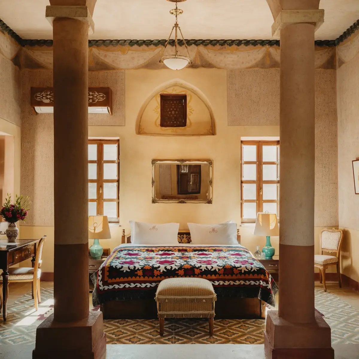 Suite de Al Moudira Hotel con columnas, textiles bordados y cama de matrimonio